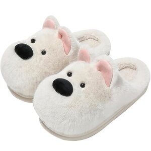 Cute Furry Dog Slippers for Women Warm Fleece Lined Winter Puppy Slippers